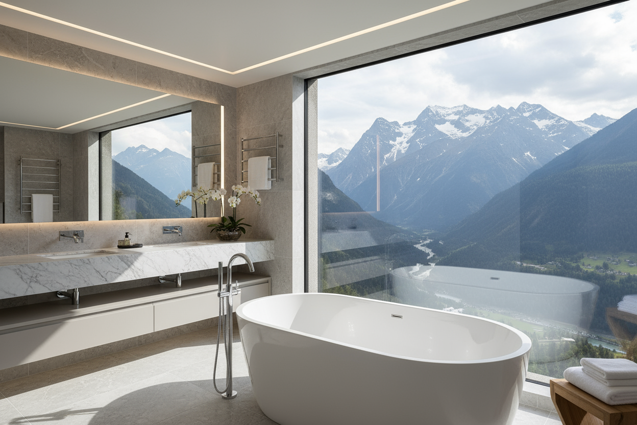 banyo, dağ manzaralı